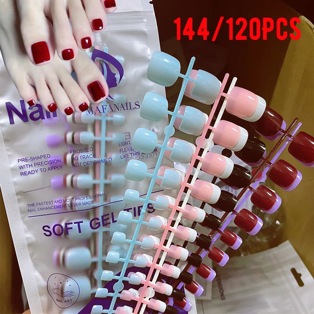 144/120Pcs Mixed Short Square False Toenails Acrylic Full Cover False Toe Nails Foot Nail Tips Extension Women Press on Toenails
