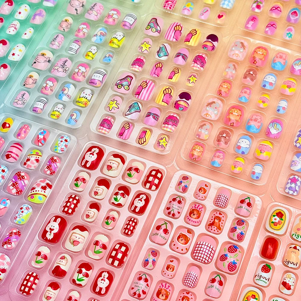 120Pcs Cartoon False Nails for Girls Kawaii Acrylic Short Square Full Cover Fake Nails Tips Kids Press on Nails with Jelly Glue