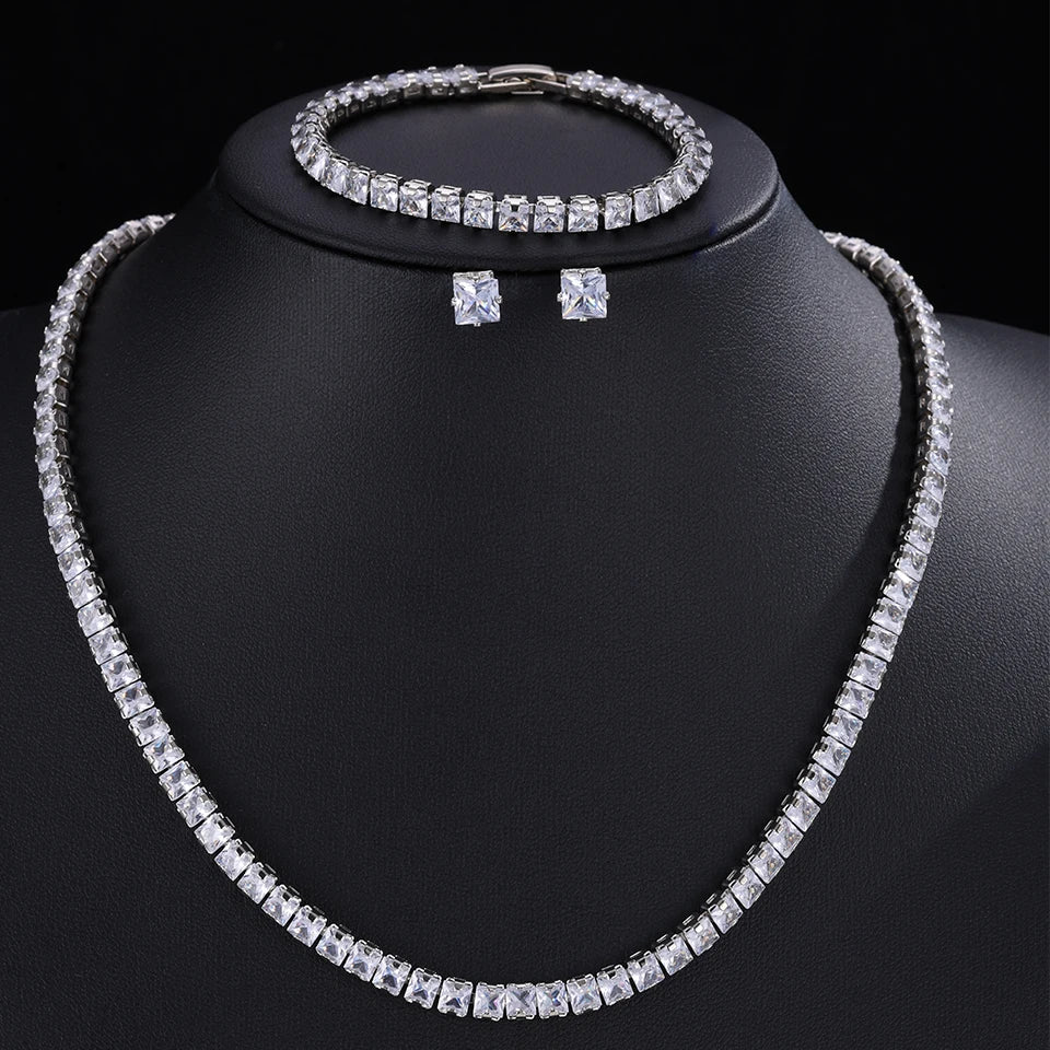 ZAKOL 3pcs/set Classic Square AAA Zircon Tennis Bracelet Necklace Earrings Set Shiny Crystal CZ Bridal Wedding Jewelry Sets