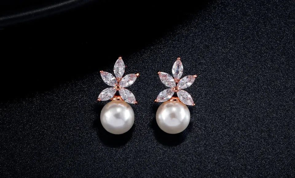 ZAKOL Temperament Imitation Pearl Flower Stud Earrings Elegant Leaf Marquise Zirconia Wedding Party Jewelry for Women