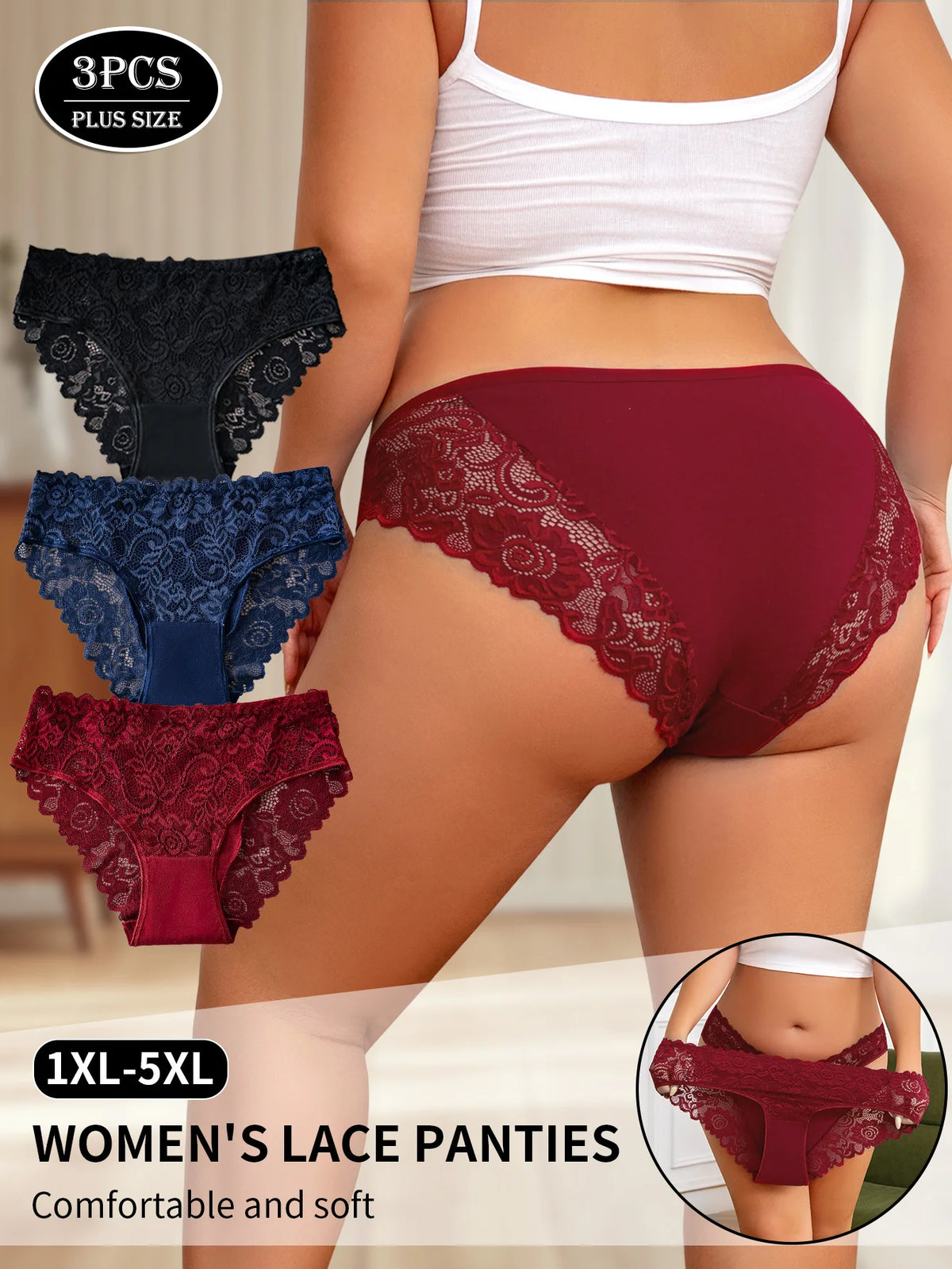 3PCS Plus-Size Elegant Women's Underwear Hollow Floral Embroidery Lace Sexy Panties Solid Color Briefs High Quality Lingerie