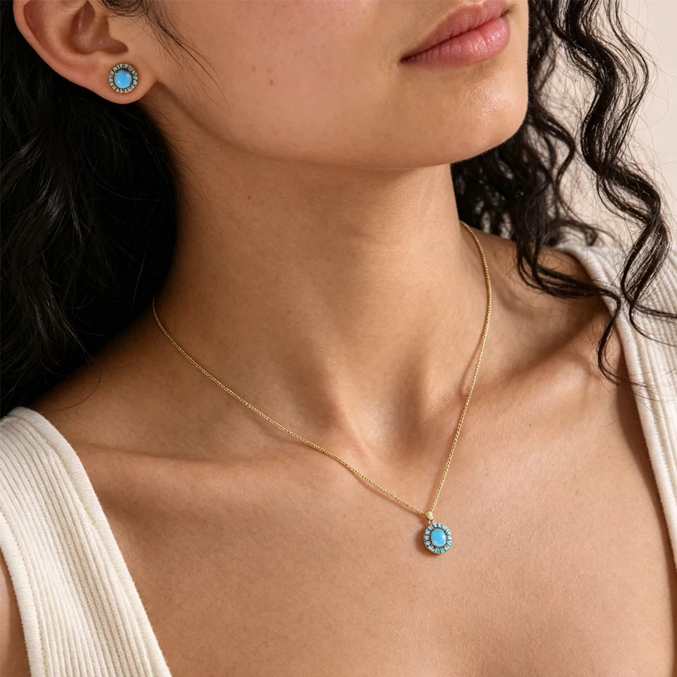 ZAKOL Creative Blue Turquoise Cubic Zirconia Round CZ Stud Earrings Necklace Set for Women Shiny Exquisite Jewelry Gifts