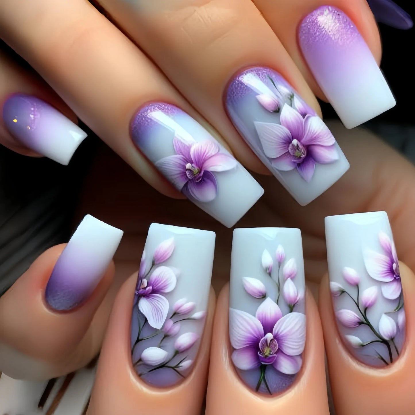24Pcs Ladder-shaped Ballet False Nails with Glue Stripe Floral Nail Art Ombre French Press on Acrylic Nail Tips for Spice Girls
