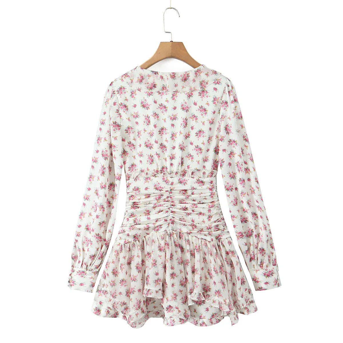 Boho Chic Floral Print Ruffle Mini Dress Women's Long Puff Sleeve V Neck Slim Fit A-line Party Dresses New Female Club Vestidos