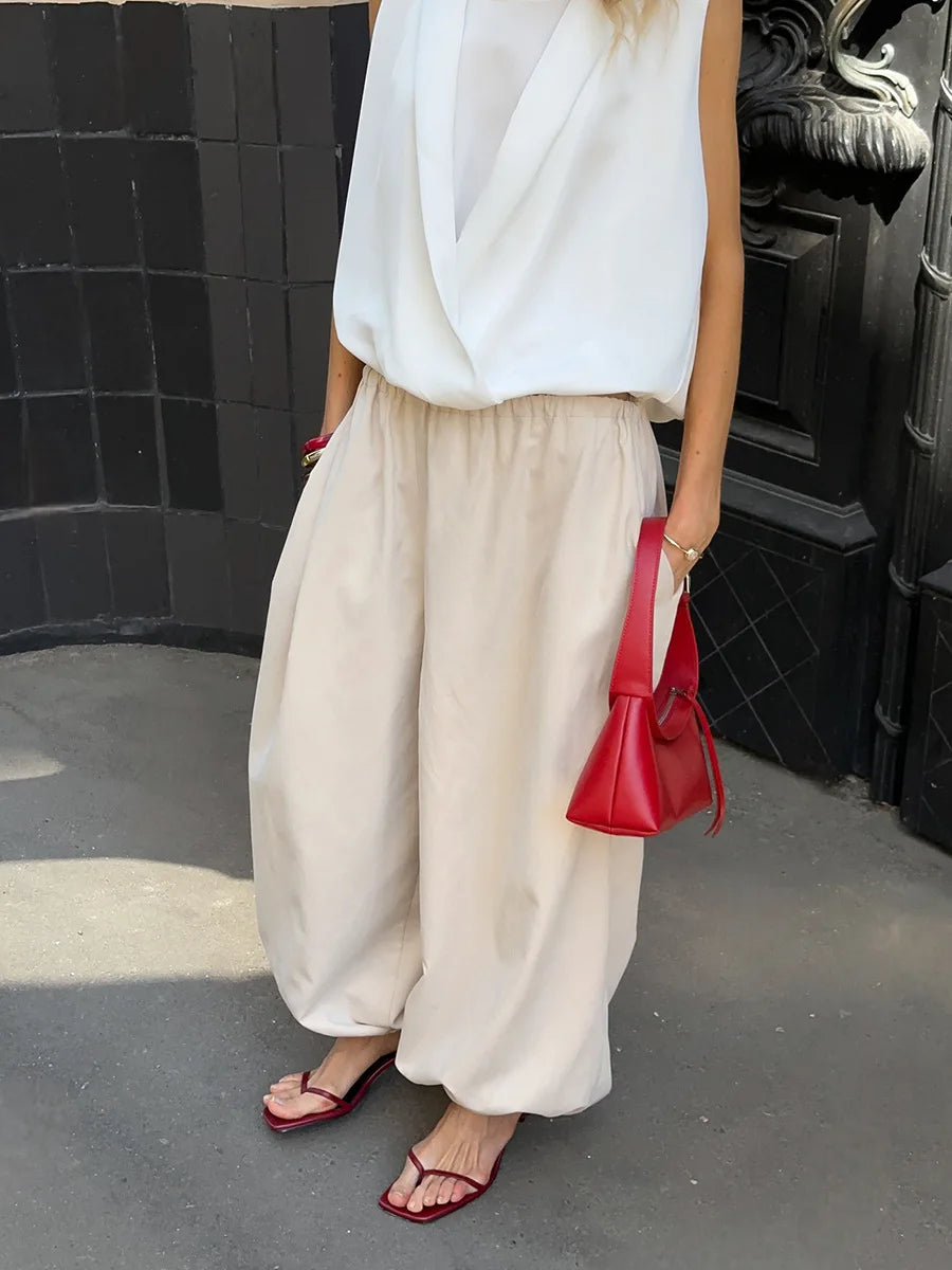 Y2k Fashion Pocket Bloomers Female Trousers Wide Leg Women Pants Pleated Loose High Waist Patchwork Bandage Streetwear