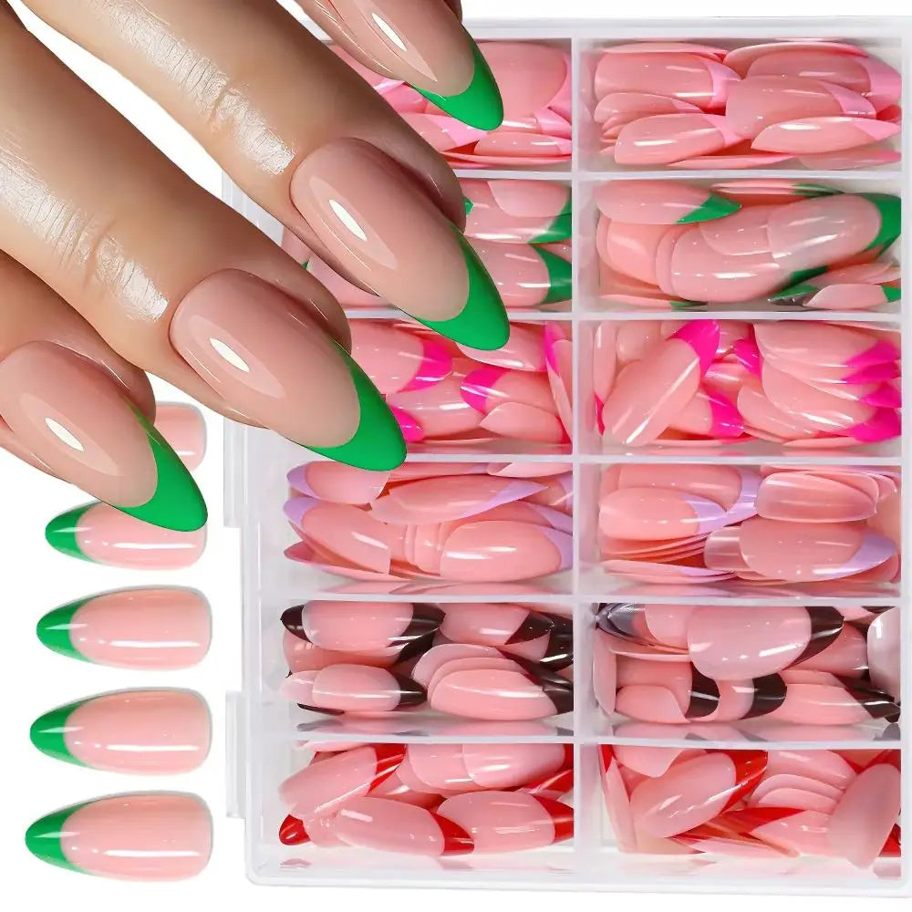 288Pcs Colorful Medium Almond French False Nails Red/Green/Pink/Purple Full Cover Fake Nails Tips Extension Women Press on Nails