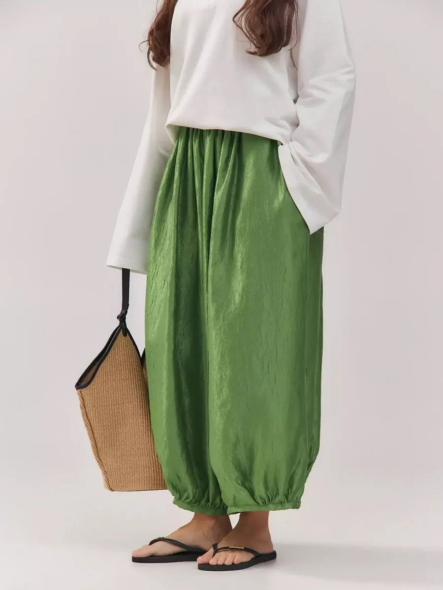 Women's Shiny Satin Solid Loose Fit Lantern Pants Elastic Waist Trousers Casual High Waist Commute Puffy Balloon Streetwear