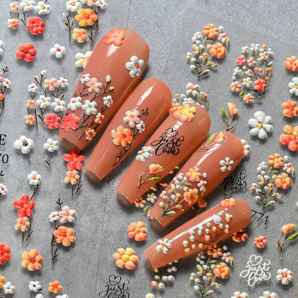 1Pc 5D Embossed Lavender Flower Nail Sticker Spring Floral Leaves Self-Adhesive Sliders Rose Heart Decals Manicure Decoration