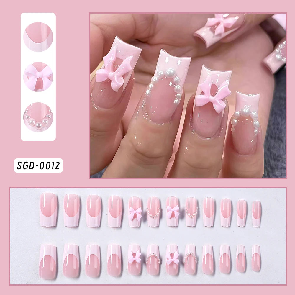 24pc Short Square French Fake Nails with Pearl Bow Acrylic Pink False Nail Wearable Press on Nails Full Cover Nail Tips