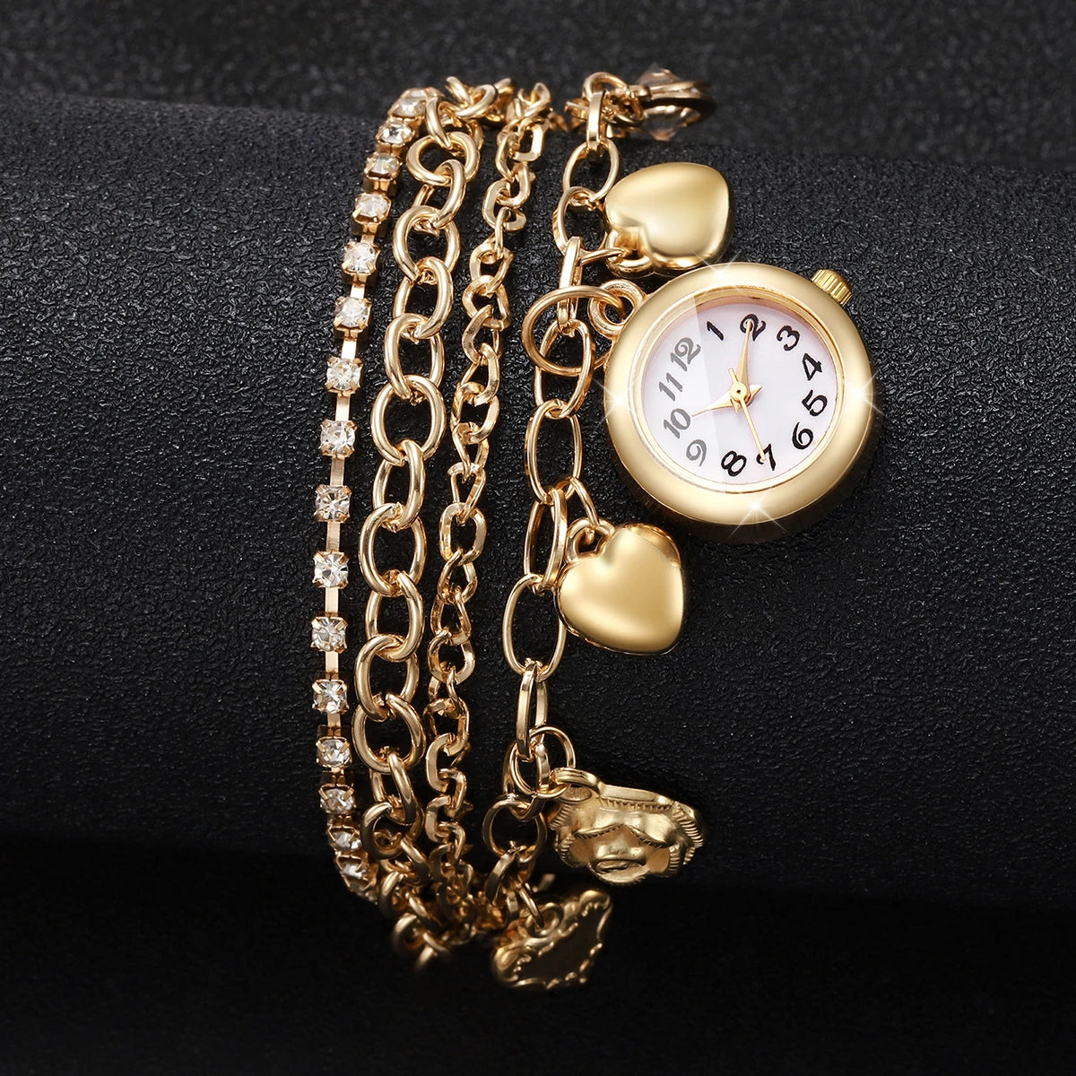 Fashion Multi‑Layer Bracelets Women Quartz Watch Heart Flower Charm Rhinestone Ladies Wristwatches Relogio Feminino（Without Box）