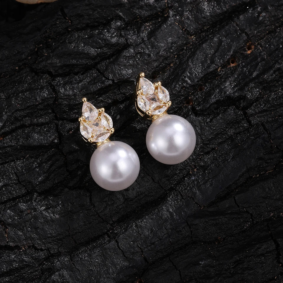 ZAKOL New Simple Water Drop Zircon Imitation Pearl Stud Earring for Women Exquisite Bride and Bridesmaid Wedding Jewelry