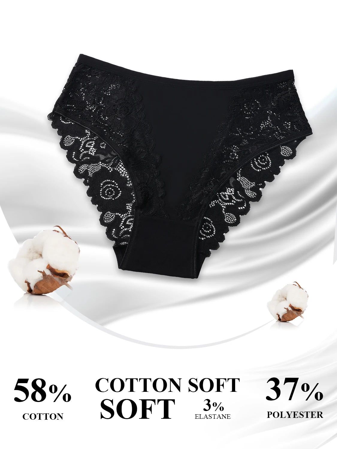4PCS Black Lace Sexy Women's Underwear Elegant Lace Floral Cotton Splicing Panties Comfort Breathable Briefs Lingerie Everyday