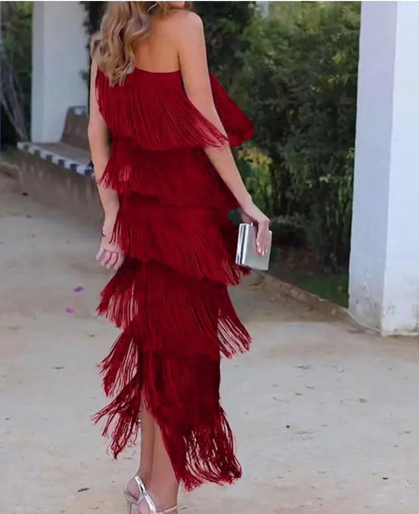 BKLD Solid Color 2026 Spring Summer New Fashion Tassel One Shoulder Sleeveless Asymmetric Dress Clothes For Women Evening Dress