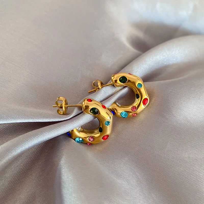 Trendy Gold Color Crystal Stainless Steel Round Earrings For Women Imitation Pearl Metal Earring Party Everyday Jewelry