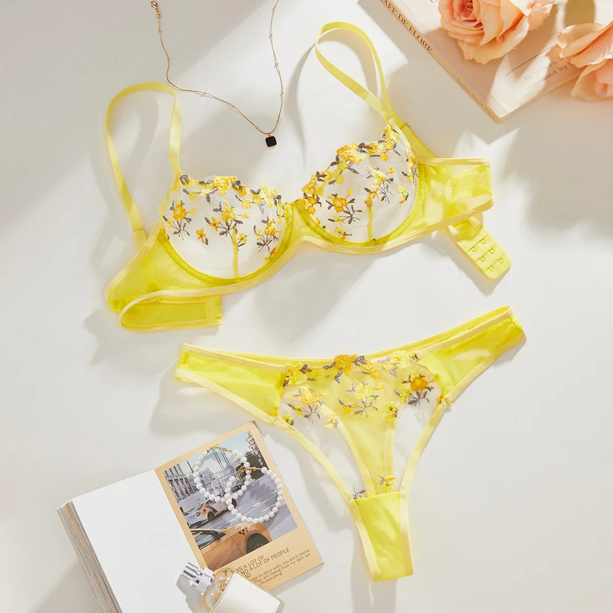 Yellow Floral Embroidery Bra Set Women's Half Cup Underwear Thin Breathable Thong 2-Piece Set Valentine's Day Gift
