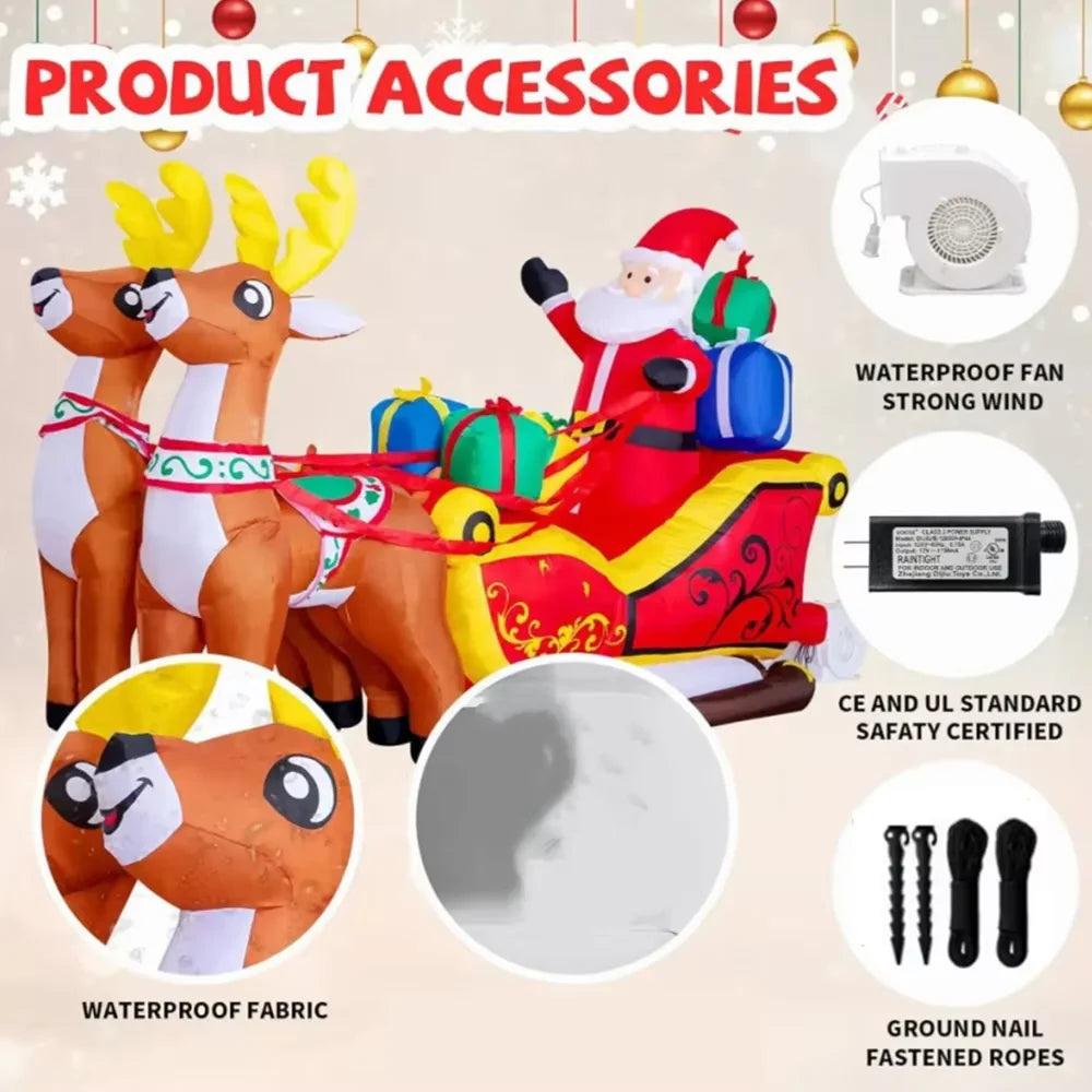 210CM Inflatable Toy Santa Sleigh Reindeer LED Lit Xmas Yard Party Decoration Christmas Home Supplies Ornament Festive Gift