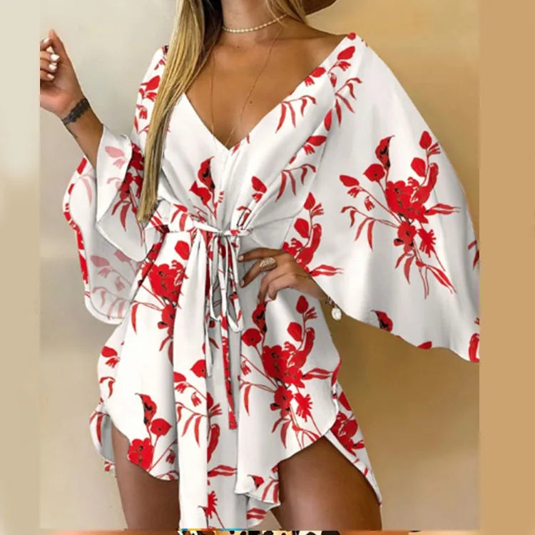 Sexy V-Neck Floral Boho Dress – Asymmetrical Loose Fit with Batwing Sleeves | فستان بوهيمي صيفي واسع بنقشة أوراق وياقة V وأكمام بات وينغ غير متماثل