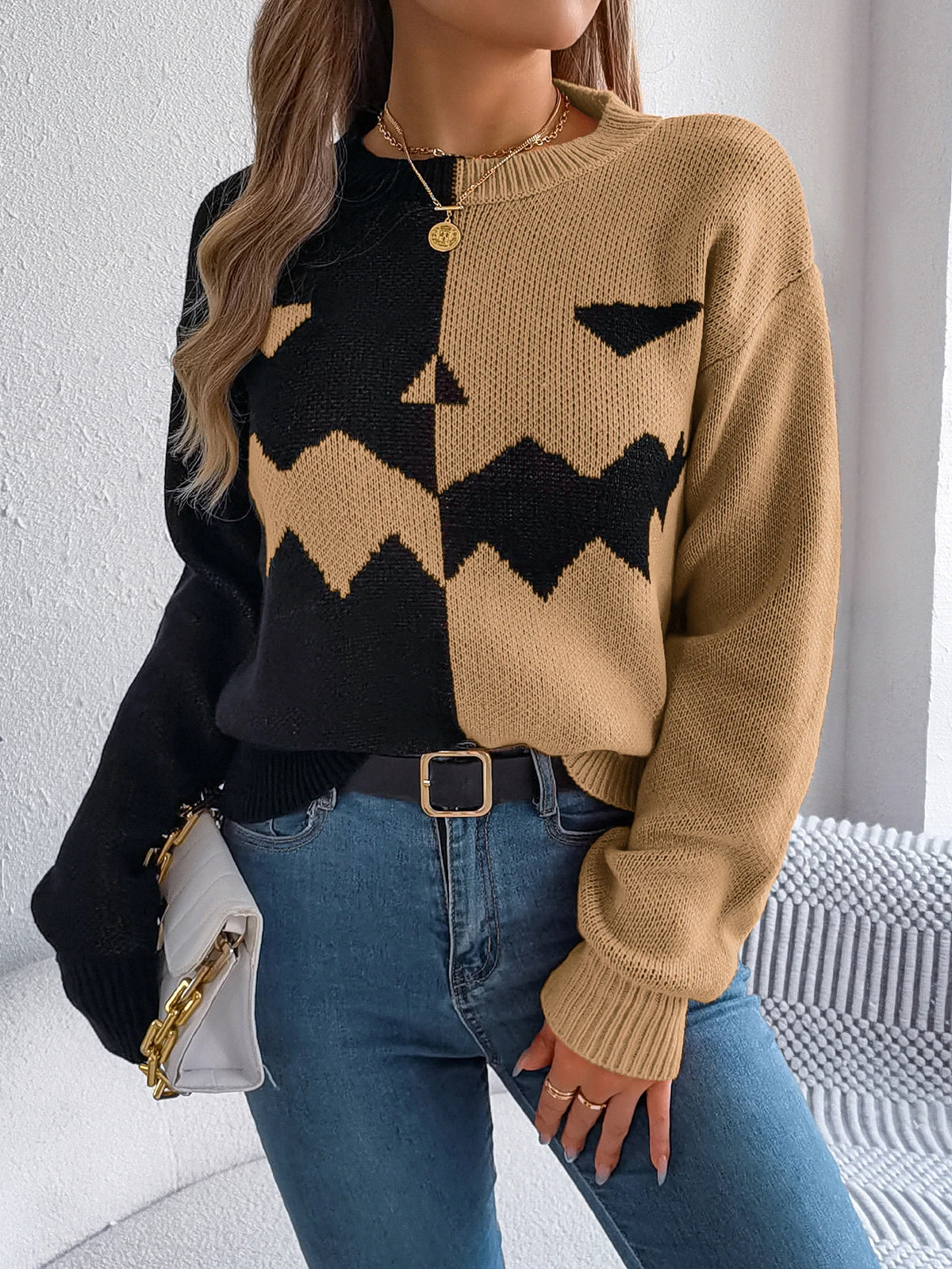 Halloween Women's Contrast Color Pumpkin Pattern Sweaters 2026 Autumn Winter Casual Round Neck Long Sleeve Knitted Pullover