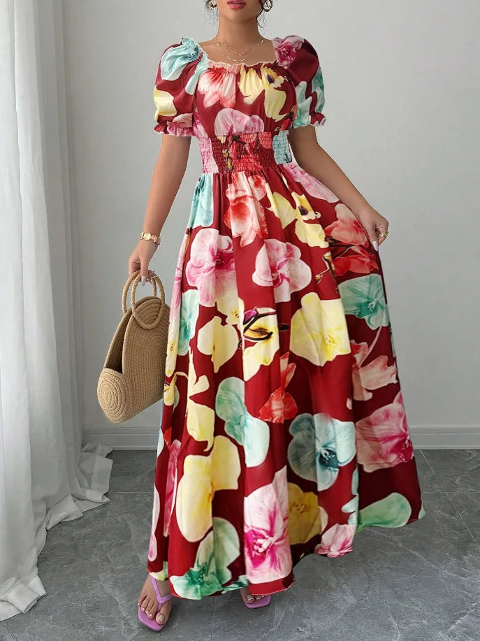 BKLD Women Clothing Summer Floral Print Dress Short Sleeve Square Collar Beach Holiday Outfits Waist Ruched Long Dresses Party