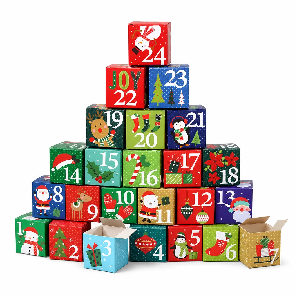 24Pcs Christmas Advent Calendar Empty Boxes, Paper Blind Boxes for Candy, Small Toys, Xmas Tabletop Holiday Decor