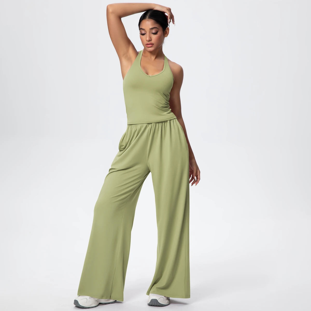 Breathable Loose Wide Leg Pants and Yoga Vest Set Solid Color High Stretch Pockets Pants Beautiful Back T-shaped Vest Yoga Suit
