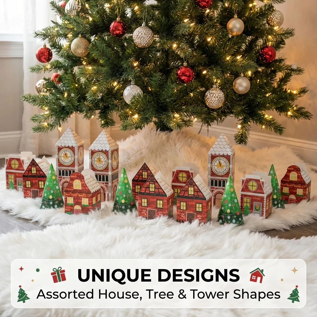 24pcs Christmas Village Paper Gift Boxes, House And Clock Tower Shaped Xmas Decorative Gift Containers,for Christmas Party Decor