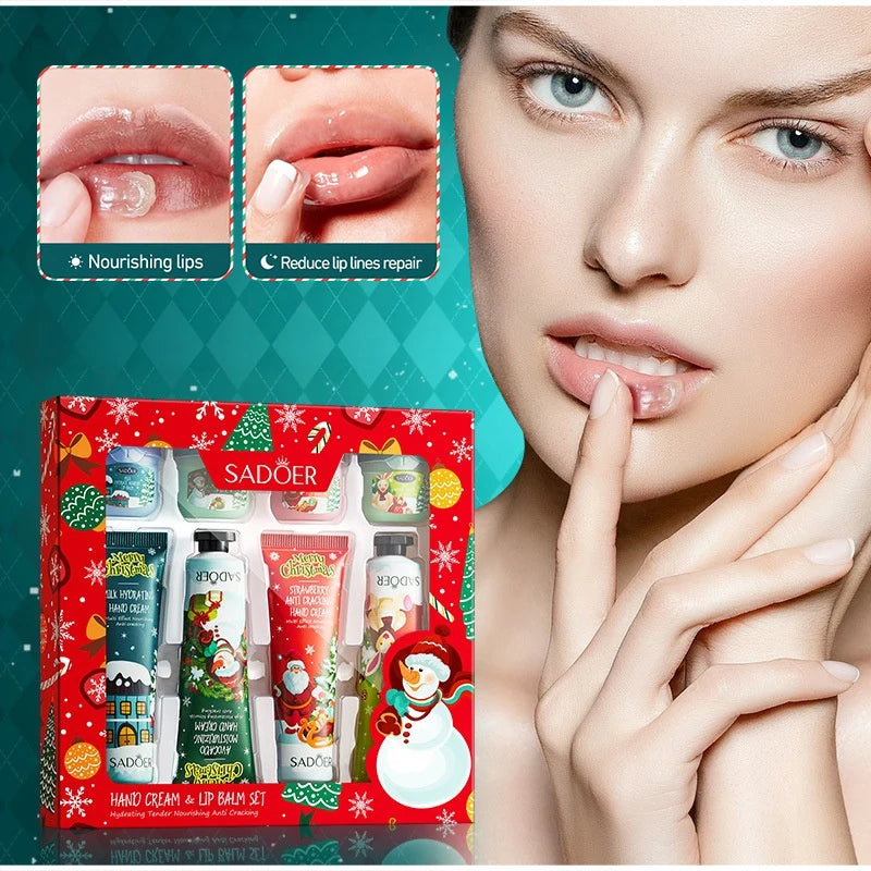 Hand Cream + Lip Balm Set Moisturizing And Non Greasy Reduce Finelines Gentle Care For Dryness Skin Christmas Gift Box