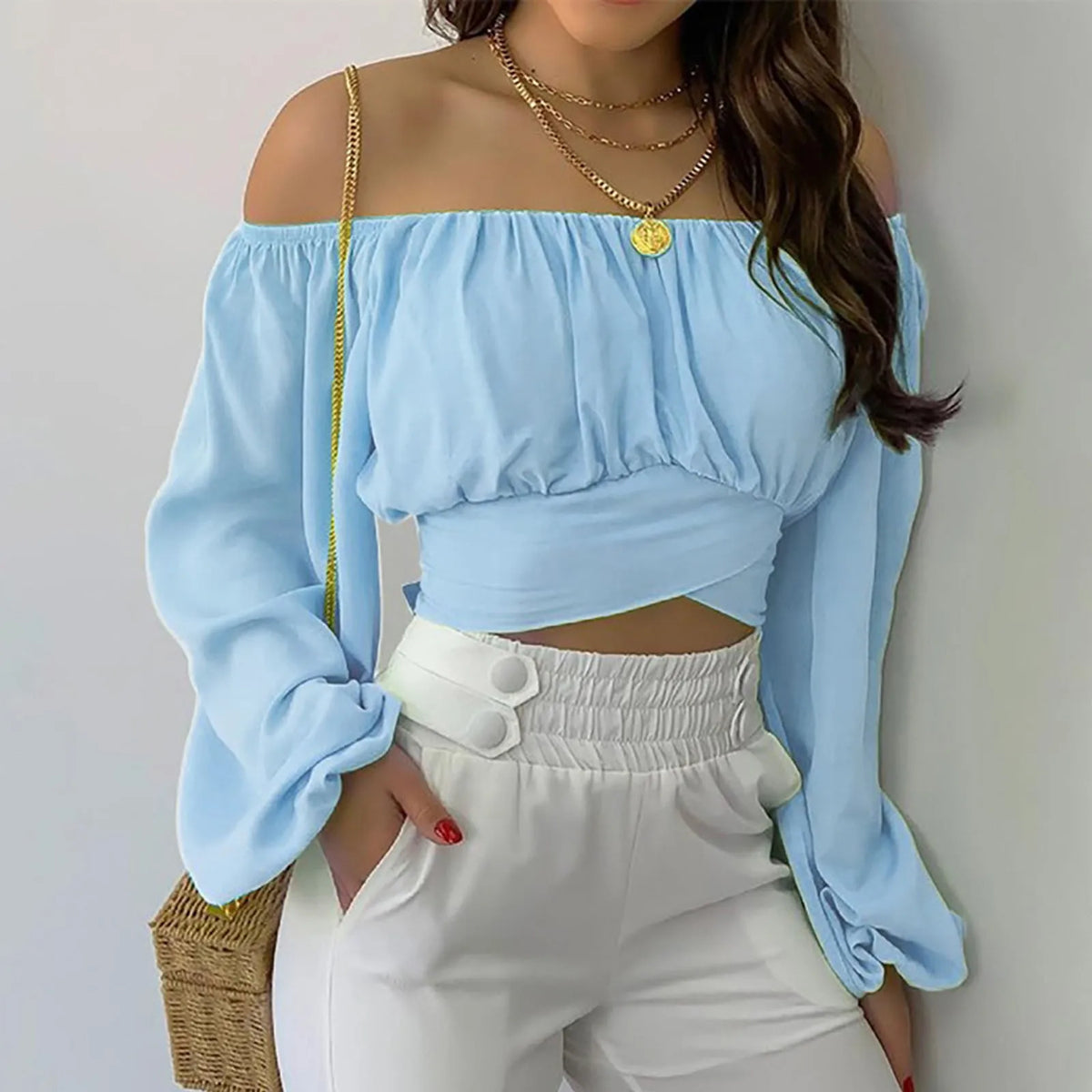 Women Elegant Boho Print Blouse Casual Long Lantern Sleeve Off Shoulder Slim Shirt Female Chic Cropped Top Summer Tunics
