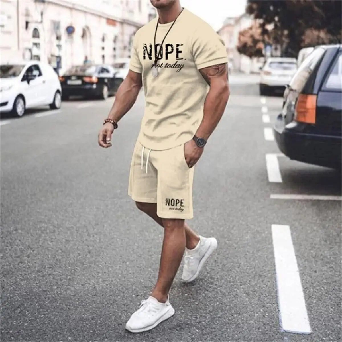 Fashionable men's summer new letter printed breathable round neck T-shirt shorts set outdoor quick drying casual clothing