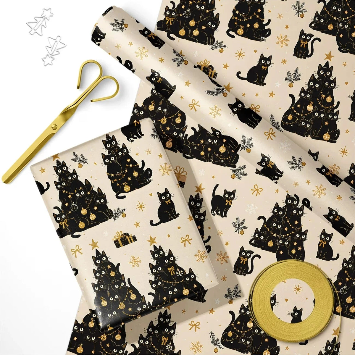 Black Cat Christmas Wrapping Paper Roll, Cute Cat Tree Pattern with Gold Snowflakes Stars Gifts, Beige Background Xmas Gift Wrap