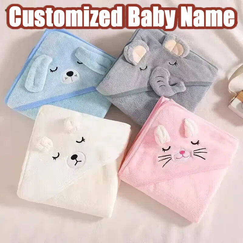 Customized Name Cartoon Animal Baby Bath Towel Soft Newborn Hooded Absorbent Infant Towel with Cap - Baby Shower Gift