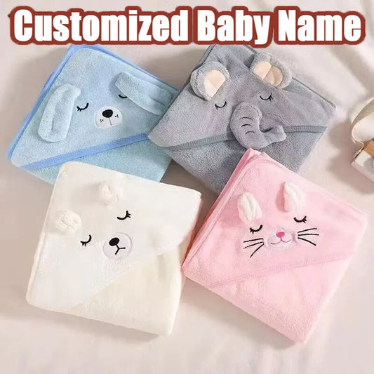 Customized Name Cartoon Animal Baby Bath Towel Soft Newborn Hooded Absorbent Infant Towel with Cap - Baby Shower Gift