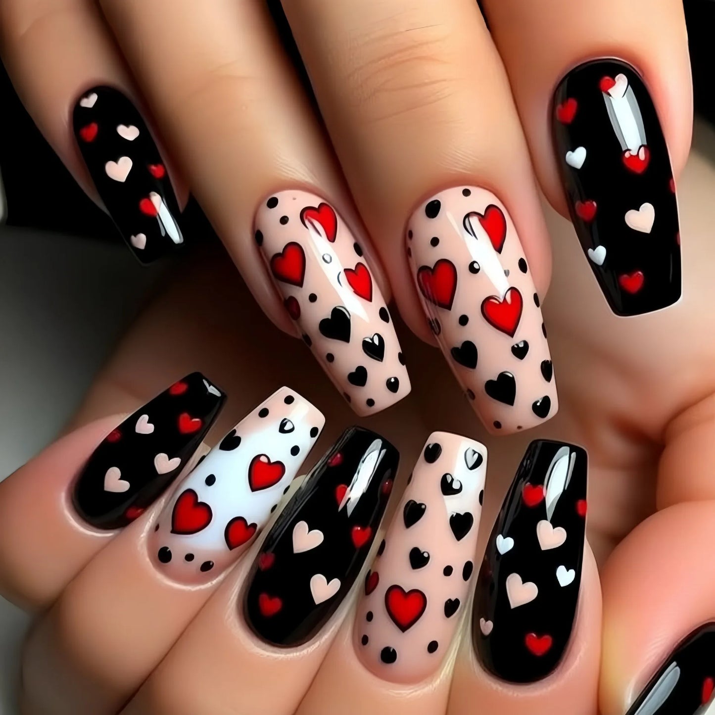 24PCS Gothic False Nails Dark Red Vine Pattern Medium Coffin Press on Nail Sticker Sweet Cool Glossy French Fake Nail Spice Girl