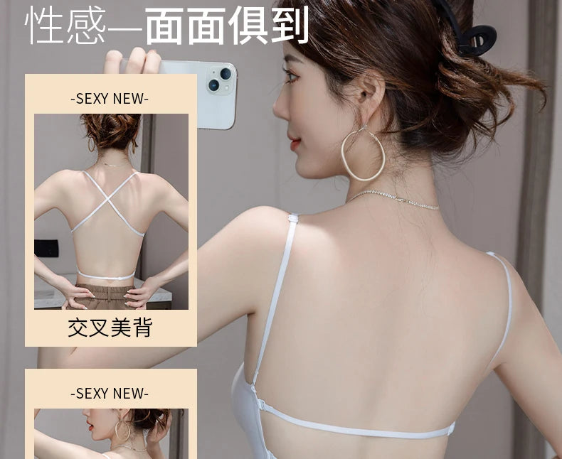 MOYISU Backless Halter Bra with Pads Cross Straps for Small Boobs, Volumizing Push Up Bralette, Strapless Plunge Dress Underwear