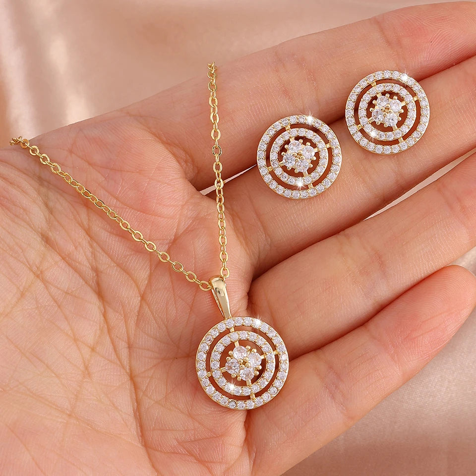 ZAKOL Minimalist Fashion Women Jewelry Set Round Cubic Zirconia Pendant Necklace Earrings Bridal Wedding Accessories