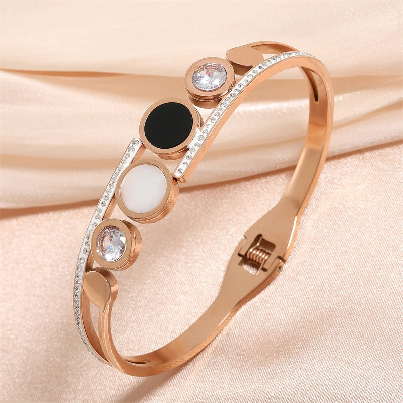 ZAKOL Fashion Black Shell Roman Numeral Titanium Steel Bangle Hollow Circle Button Bracelet Jewelry Gifts for Women