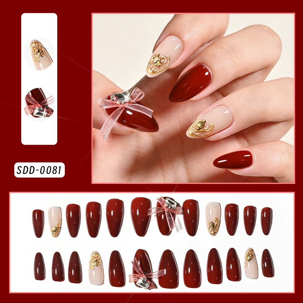 24Pcs Lace Bow Wearable Press on Nails with Diamond Design Red Medium Almond False Nails for Women Full Cover Fake Nail Tips