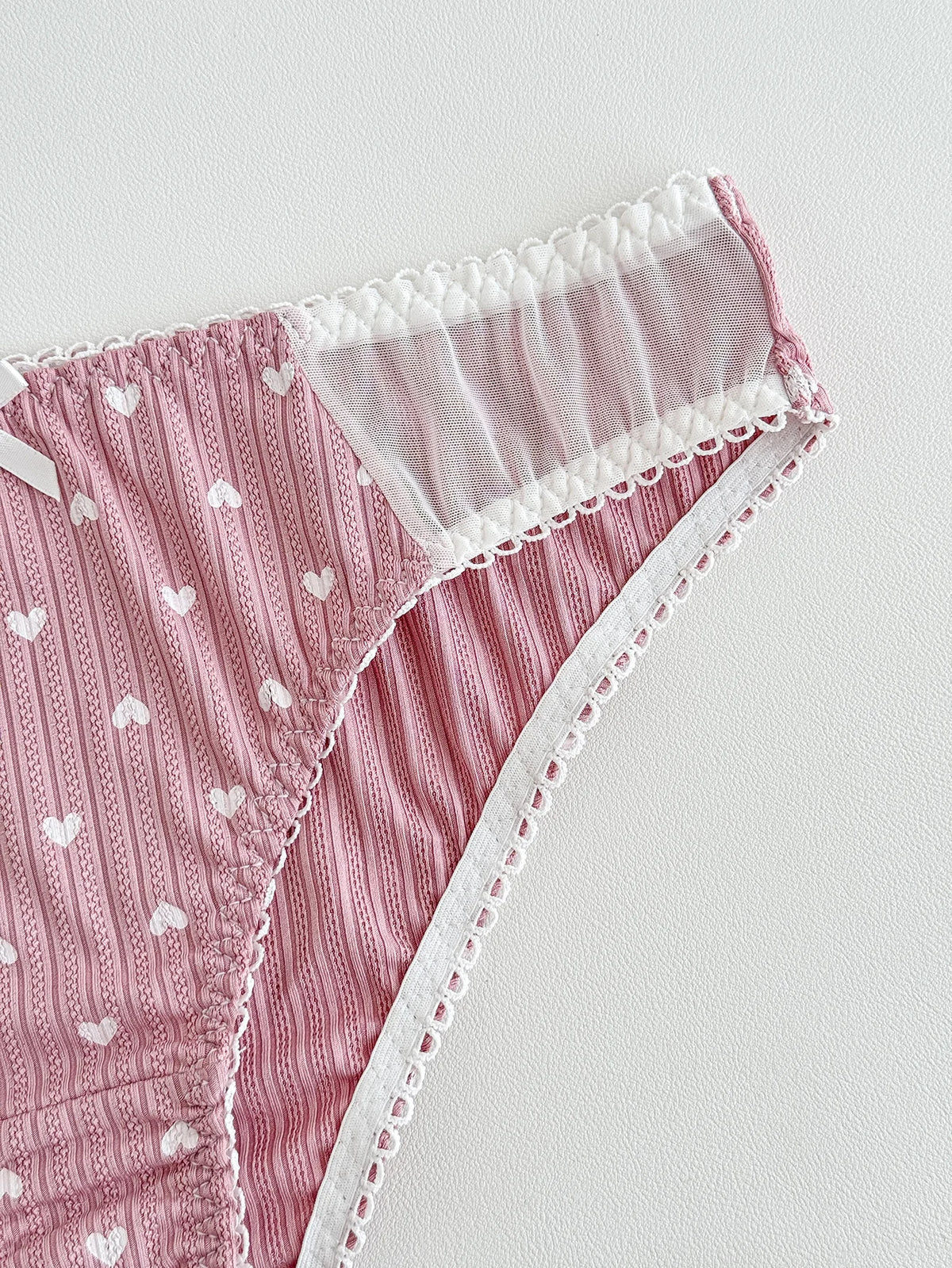 Pink Heart Print Women Lingerie Set Lace Mesh Underwire Unlined Bra Soft Comfort Daily Intimates Panties