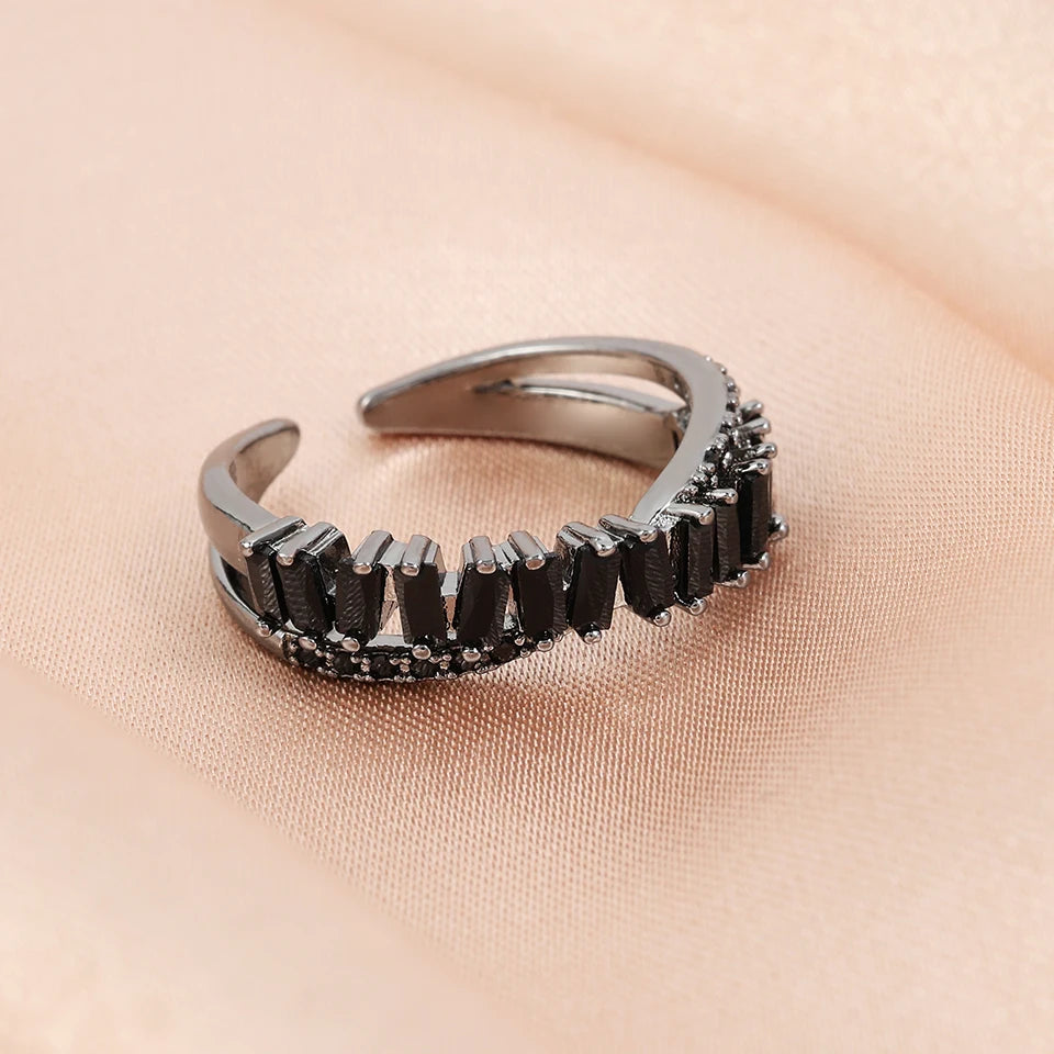 Luxury Zircon Shiny Chic Resizable Double Student Opening Rings for Woman Silver Color Gothic Finger Jewelry Wedding Party