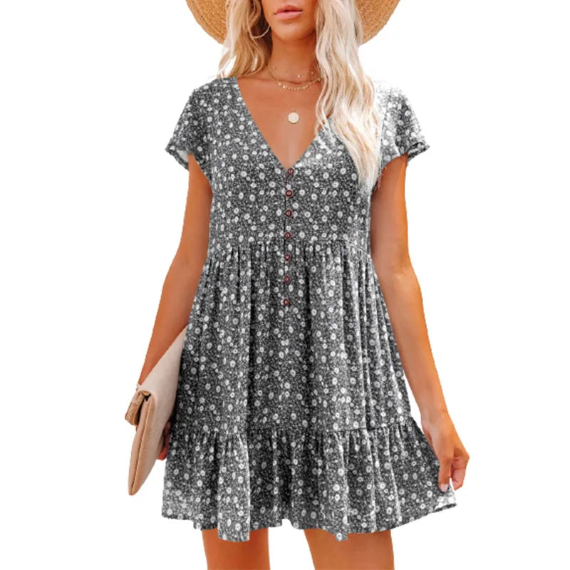 Women Summer Floral Print Short Sleeve V Neck A Line Dress Casual Boho Pleated Mini Dress Beach Party Vacation Sundress 2023