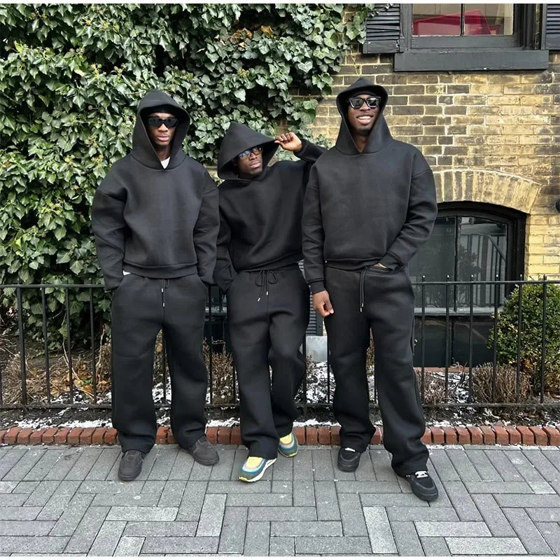 Solid Couple's Hooded Sweatshirt 2 Piece Set Casual Loose Sweatpants Suit Autumn Male Jogging Sweatshirt Trousers Outfits Suits