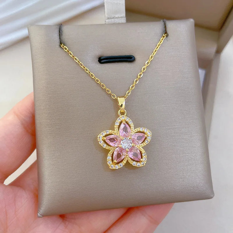 ZAKOL Stainless Steel Chain Luxury Sweet Pink Crystal Flower Necklace Stud Earrings Jewelry Set Accessories Gifts for Women