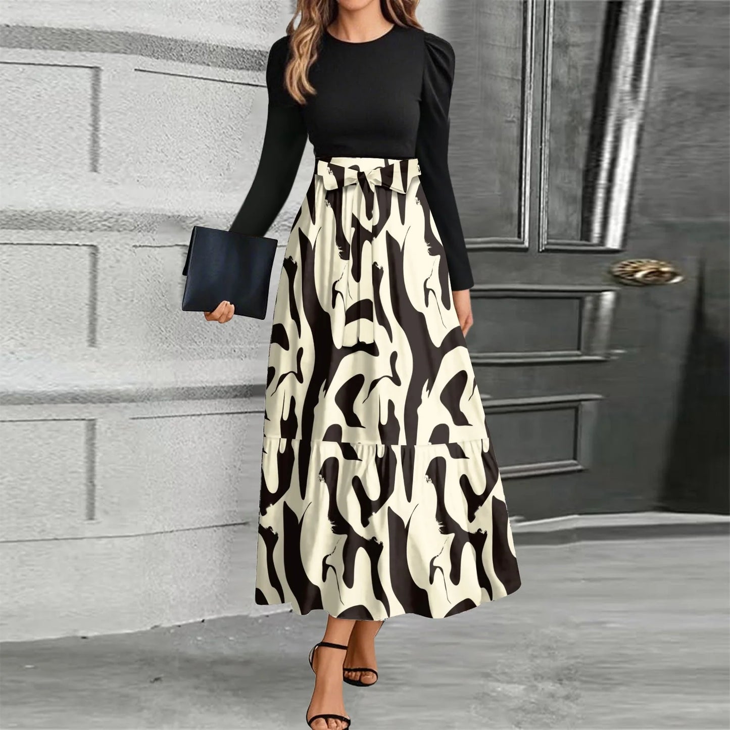 Printed High-Waist Long Sleeve Maxi Dress – O-Neck 2026