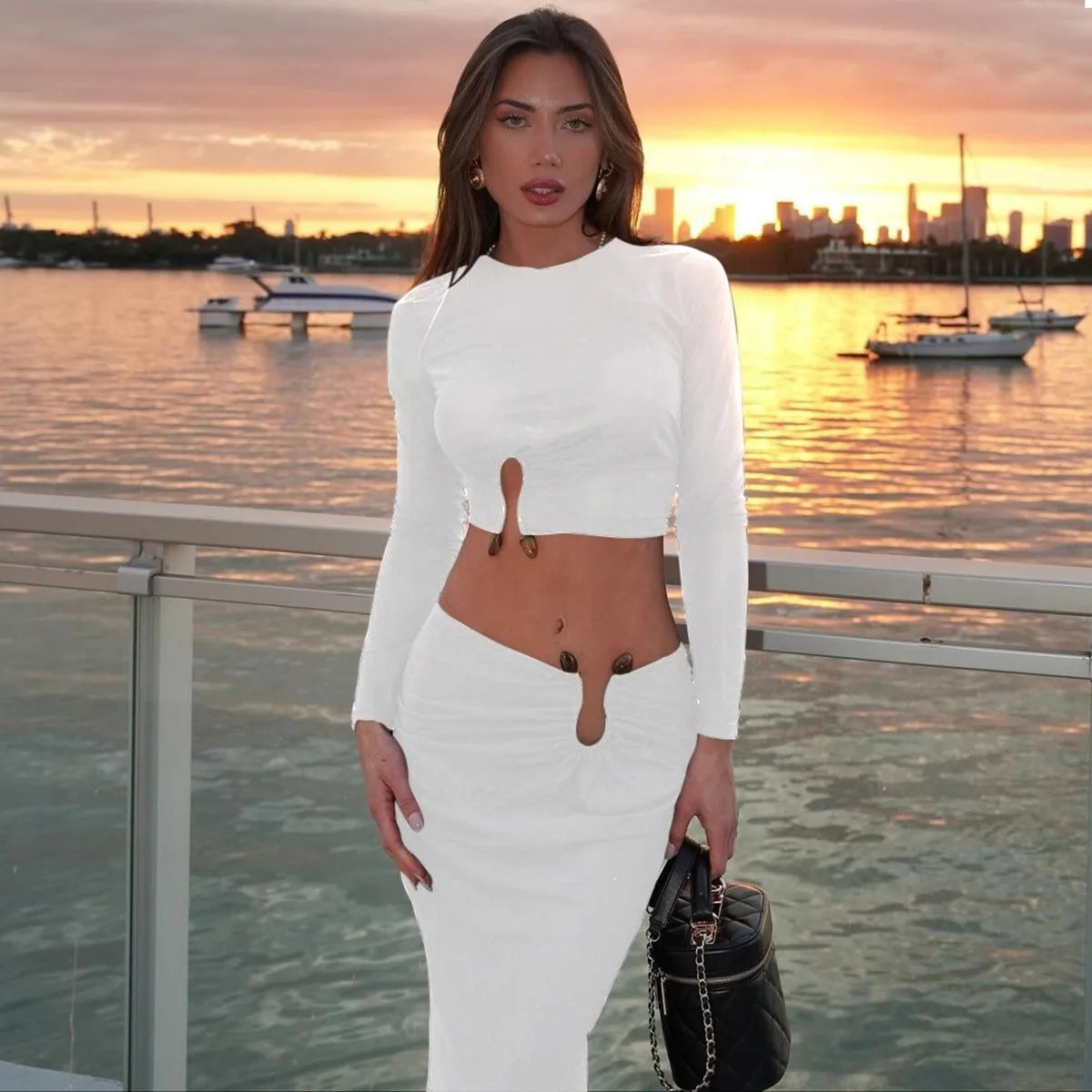 BKLD Women Clothing 2026 Autumn And Winter New Fashion Hollow Out Long Sleeve Crop Tops Slim Fit Skirt Set Two Piece Outfits