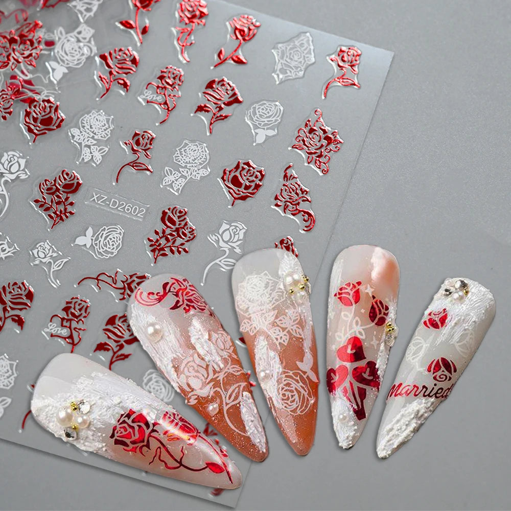 1Pc 3D Red Love Heart Nail Art Stickers Rose Flower Lip Self Adhesive Decals Valentine' Day Nail Sliders For Manicure Decoration