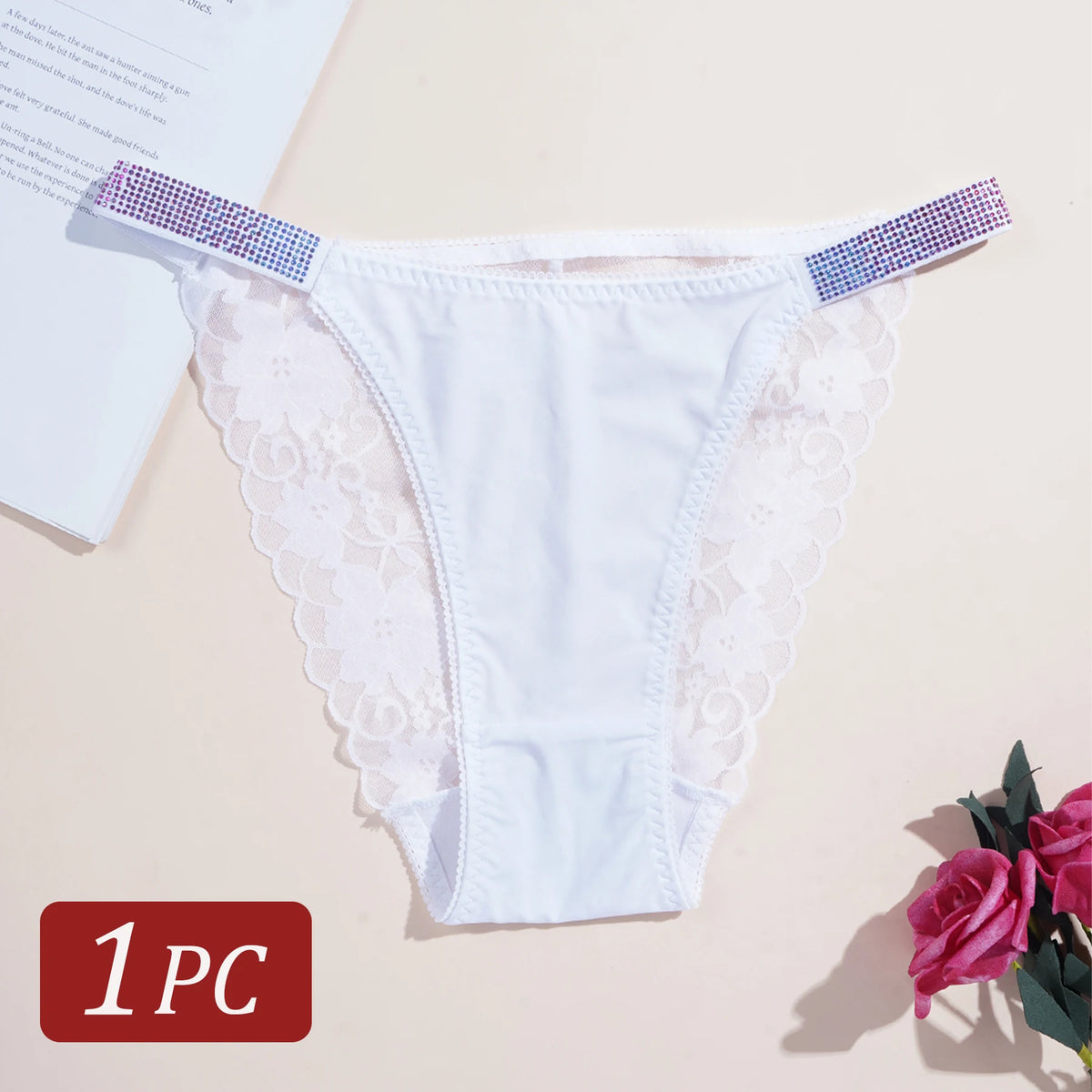 1PC Rhinestone Lace Sexy Girls Women Panties Solid Color Seamless Underwear Elegant Lace Floral Design Low Rise Briefs Lingerie
