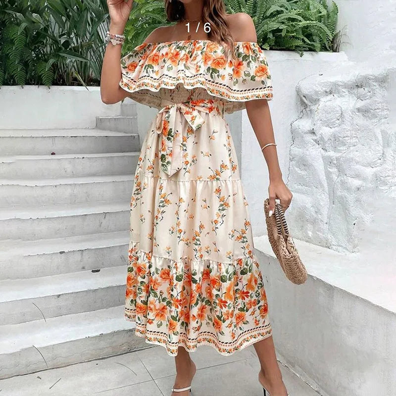 BKLD Elegant Printed Maxi Dress Sexy Off The Shoulder Tie Waist Slim Fit Dress Women Summer Party Vacation Outfits 2026 New