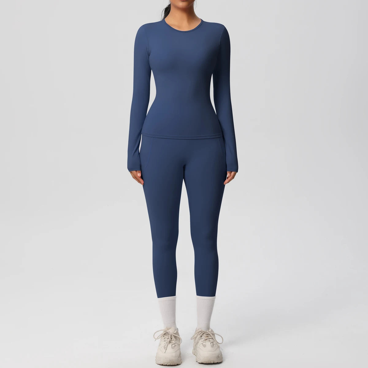 Summer 2PCS Women's Yoga Suit Solid Color High Stretch Slim Casual Long Sleeves Quick Drying Push Up Women Pockets Pants Set