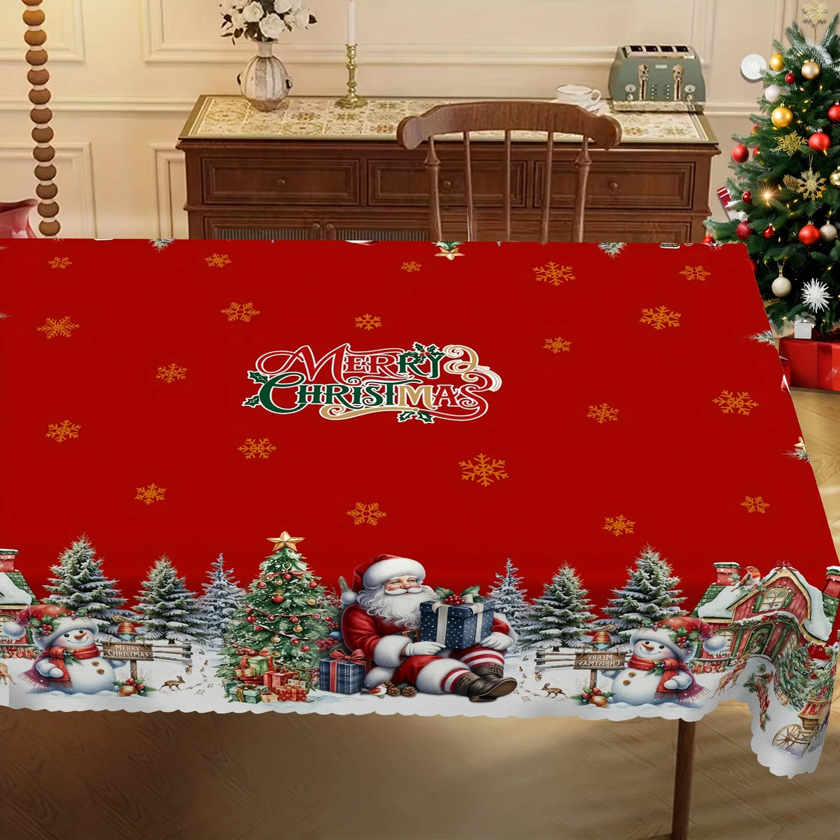 1pc Festive Santa, Snowman & Christmas Tree Tablecloth for Holiday Parties, Picnics, Cafes & Home Decor, Holiday Table Setting
