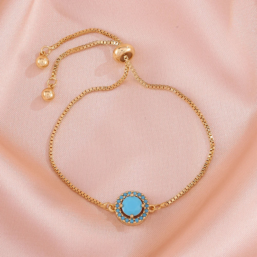 ZAKOL Simple Elegant Blue Turquoise Round CZ Adjustable Chain Bracelet Cute Daily Accessories for Women Girls